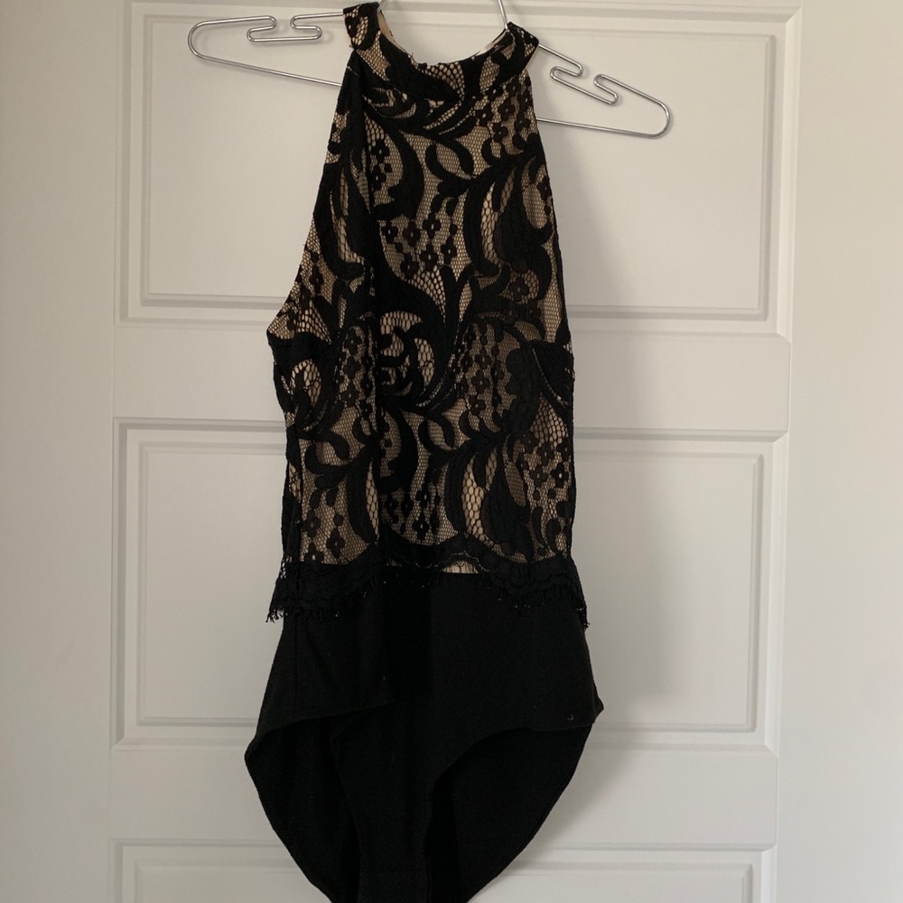 Lace black and beige high neck bodysuit.